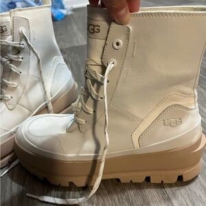 UGG Cream Tan Winter Rain Boots with Lace-Up Design